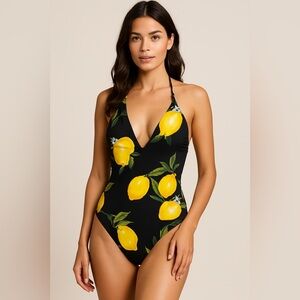 Mandalay Swimwear One-Piece Lemon Print Black Swimsuit Women’s Size M NWT
